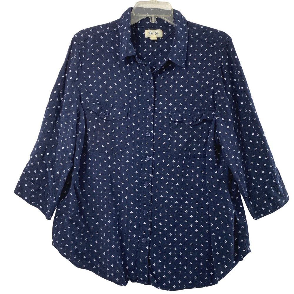 Womens 1X Top Navy Blue White Anchor Print Nautical Coastal Button Up Blouse